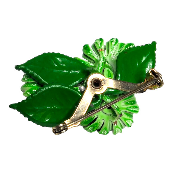 Green Enamel Chrysanthemum Flower Brooch Pin Floral Vtg Estate Jewelry 60s 70s - Picture 5 of 6